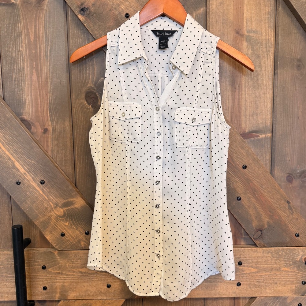 White House Black Market Blouse Womens 2 White Polka Dot Silk Sleeveless Top